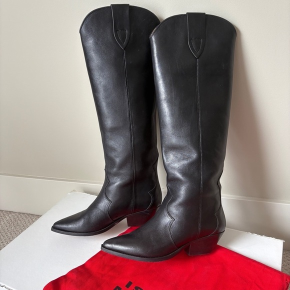 Isabel Marant Denvee Leather Knee High Western Cowboy Boots Black FR 39 US 8-8.5 - Picture 10 of 16